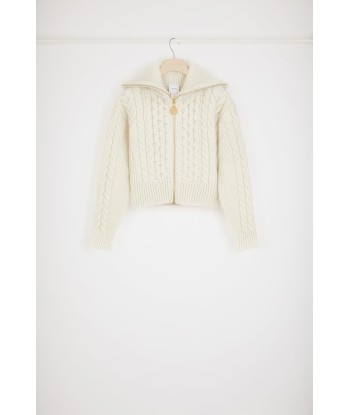 Mixed cable knit zip-up cardigan in wool and cashmere soldes