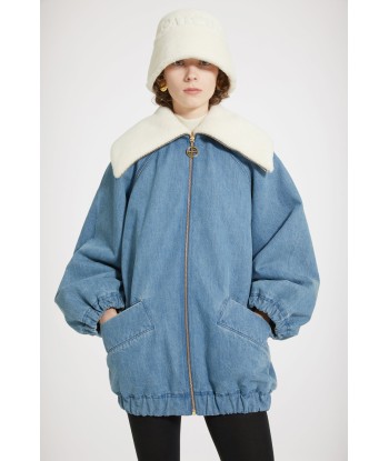 Oversized jacket in organic cotton denim and faux shearling en ligne