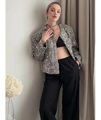 Veste courte chic en sequins argentés pour femmes pas cheres