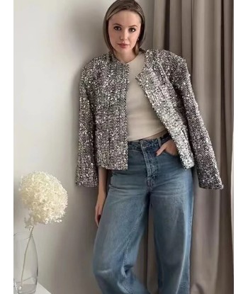 Veste courte chic en sequins argentés pour femmes pas cheres