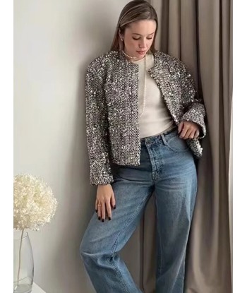 Veste courte chic en sequins argentés pour femmes pas cheres