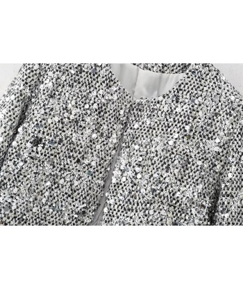 Veste courte chic en sequins argentés pour femmes pas cheres