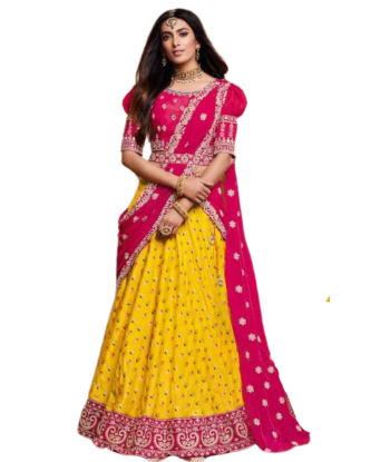 Lehenga tendance rose et jaune Sridevi Venez acheter