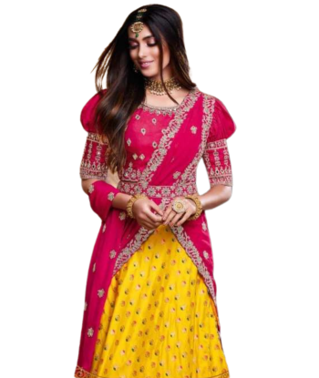 Lehenga tendance rose et jaune Sridevi Venez acheter