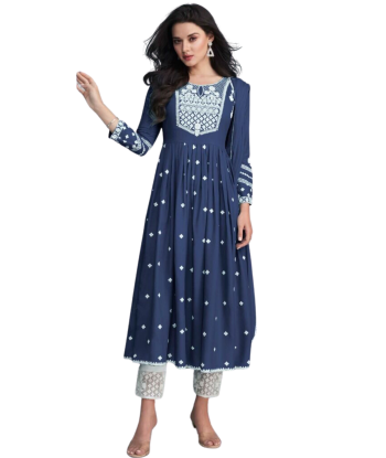 Salwar kameez bleu marine Hasina - Tailles 38 et 42 brillant des détails fins