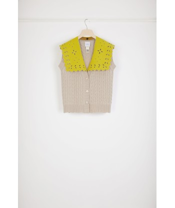 Sleeveless cable knit cardigan in Merino wool with detachable collar JUSQU'A -70%! 