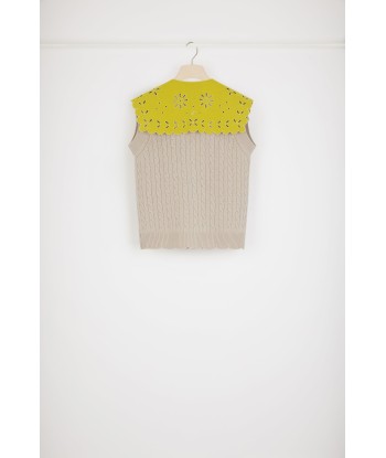 Sleeveless cable knit cardigan in Merino wool with detachable collar JUSQU'A -70%! 