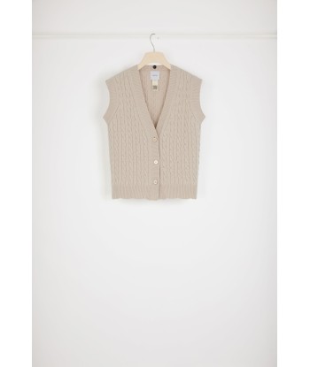 Sleeveless cable knit cardigan in Merino wool with detachable collar JUSQU'A -70%! 