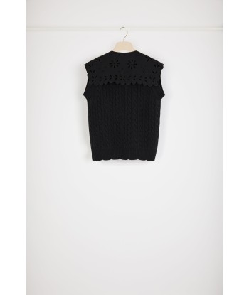 Sleeveless cable knit cardigan in Merino wool with detachable collar outlet