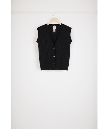 Sleeveless cable knit cardigan in Merino wool with detachable collar outlet