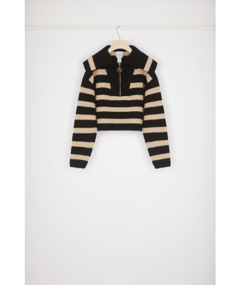 Striped zip-up collar rib knit jumper in Merino wool Comparez et commandez 