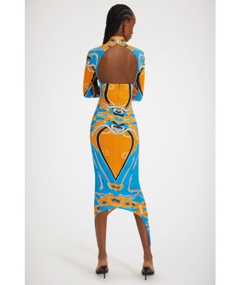 Open-back dress in printed organic stretch seersucker offre 